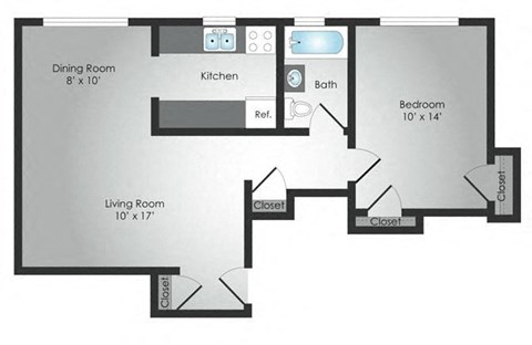 Floor plan for 1 bed, 1 bath, 700 sqft